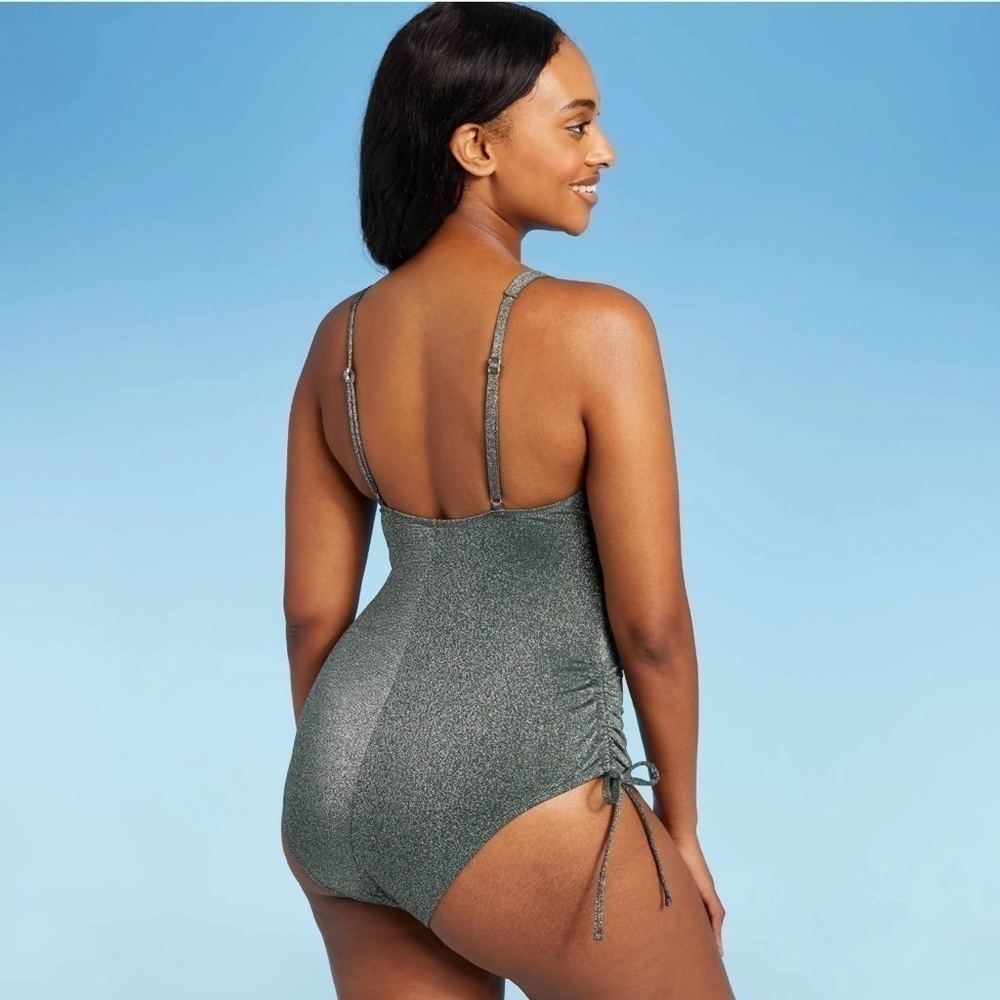 NWOT Xhilaration Green Glittery Metallic One Piece Swimsuit With Side Tie